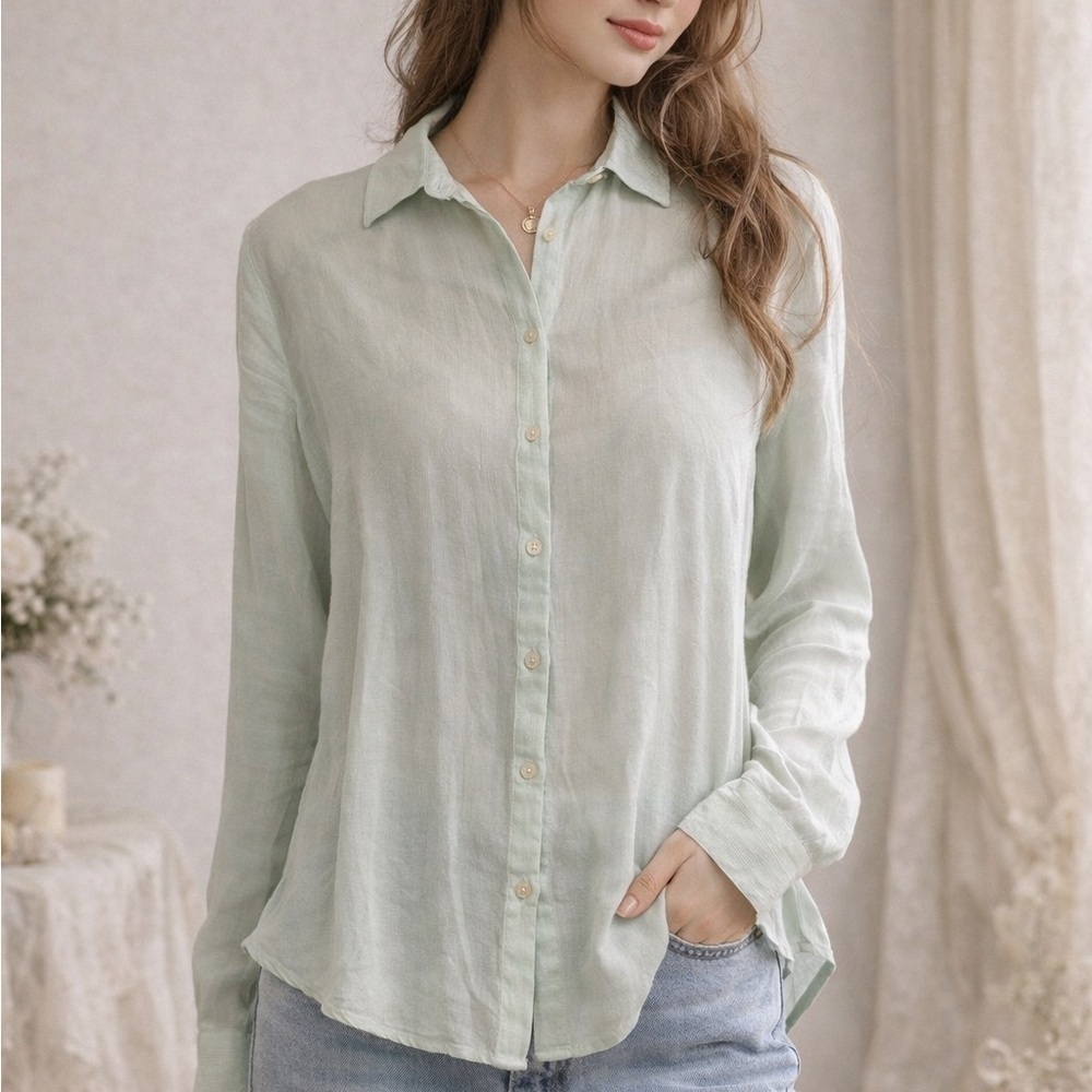 Ann Taylor Mint Green Semi Sheer Button Up Blouse Small | Coastal Minimalist